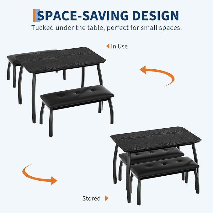 3 Piece Farmhouse Dining Table Set for 4, Compact Rustic Kitchen Table with 2 Padded Benches, Space Saving Breakfast Nook Furniture Set for Small Spaces, Apartments, Black