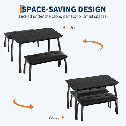 3 Piece Farmhouse Dining Table Set for 4, Compact Rustic Kitchen Table with 2 Padded Benches, Space Saving Breakfast Nook Furniture Set for Small Spaces, Apartments, Black