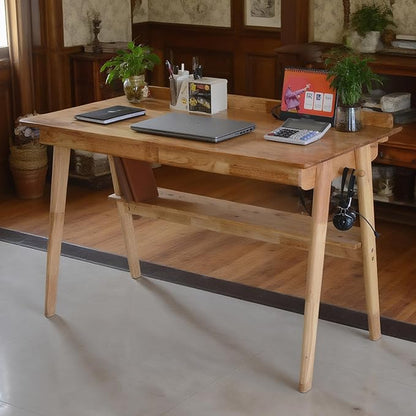 Oak Desk with Drawers, Solid Wood Desk with Bookshelf Small Computer Desk for Small Spaces Mid-Century Modern Wood Writing Desk with 2 Drawers for Home Office 47"