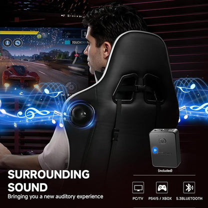 GTPLAYER Gaming Chair with Bluetooth Speakers and Footrest, Ergonomic Gamer Chair with Reclining Backrest, 3D Armrests, Adjustable Seat Height, Computer Desk Chair for Adults (White)