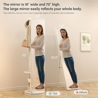 70"x16"Full Length Mirror with Stand,Coat Rack with Mirror,Solid Wood Floor Mirror,Swivel Mirrorfor Bedroom, Living Room, Cloakroom