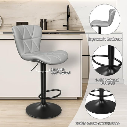Bar Stools Set of 2, Adjustable Swivel Bar Chairs with Shell Back, PU Leather Counter Height Bar Stools for Kitchen lsland, Light Grey
