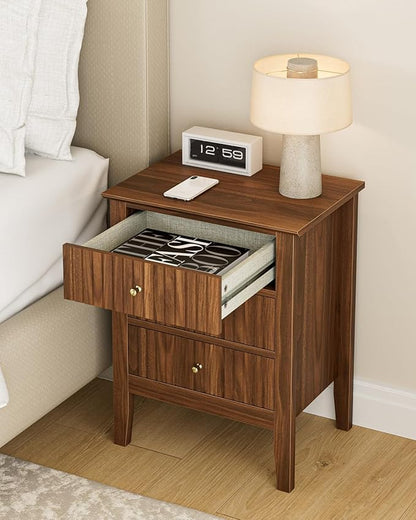 Night Stand, Fluted Nightstand Bedside Tall Farmhouse Nightstand with 3 Drawers, Mid Century Modern Side Accent Table,Bedside End Table for Bedroom, Living Room, Walnut