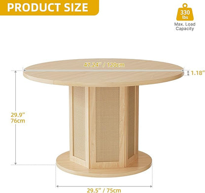 DWVO Round Dining Table for 4-6 People 47 Inch Farmhouse Kitchen Table with Rattan Circular Base Wooden Dinner Table for Dining Room Family Gathering, Natural Oak
