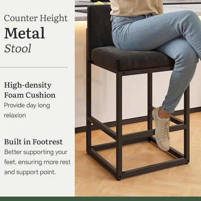 Barstools Set of 2 Black Metal Bar Stools Modern Bar Chairs Pu Leather for Kitchen Island Counter Height Cafe Resturant Stools, 26 Inch