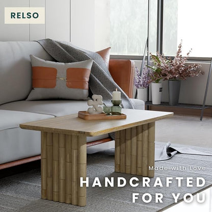 Bambos Coffee Table | Sold Mango Wood Center Table with Natural Finish | Handcrafted Accent for Living Room, Modern Decor, Apartment or Office | Bamboo Inspired Legs, Easy Assembly, Durable, Compact