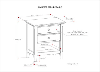 SIMPLIHOME Amherst SOLID WOOD 24 inch Wide Transitional Bedside Nightstand Table in Rustic Natural Aged Brown, for the Living Room and Bedroom