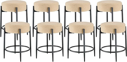 Dining Room Chairs Set of 8, 23.6" Sherpa Backless Beige Boucle Dining Chair, Mid Century Modern Living Room Round Upholstered Chairs with Black Metal Legs
