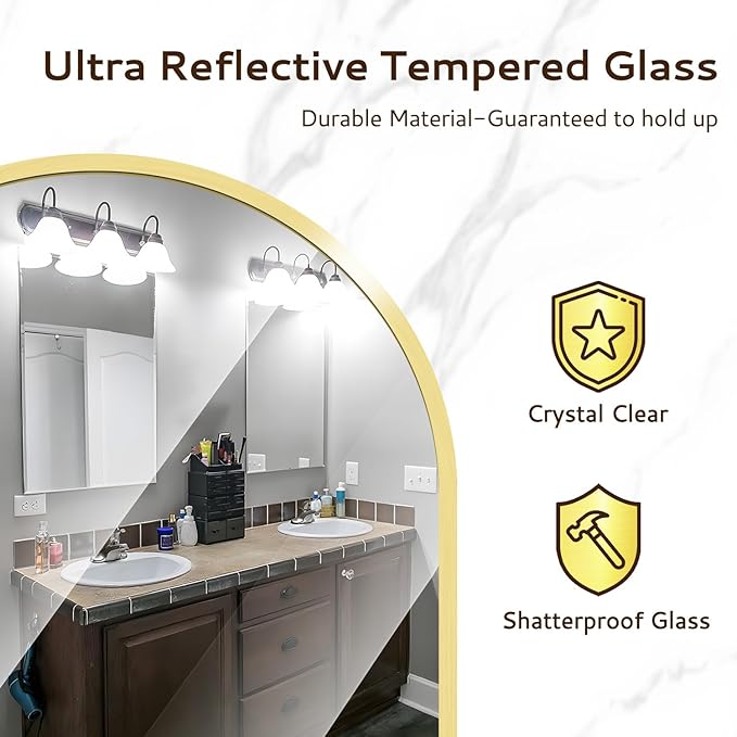 Circular Mirror Gold Round Mirror 18 Inch Round Bathroom Mirror Wall Mirrors Brushed Metal Frame Anti-Rust Tempered Glass for Bathroom Bedroom Entryway Living Room