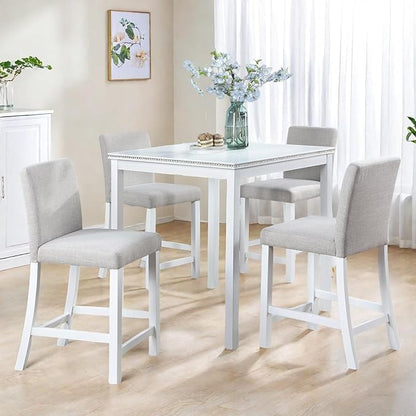 Dining Table Set for 4, 5-Piece Dining Room Table Set with Square Crystal Decoration Table & 4 Upholstered Backrest Chairs, Counter Height Kitchen Sets with Wood Grain & Footrest, White