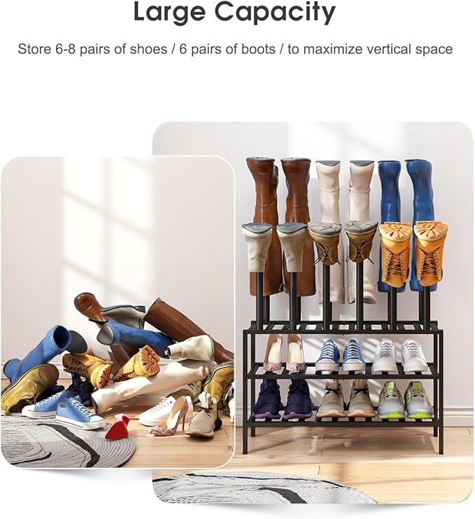 Black Boot Rack, Boot Rack Organizer Tall Boots with Shoe Rack for Closet, Bamboo Wood Shoe Shelf Storage Organizer for Entryway Small Space