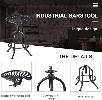 Industrial Bar Stool Farmhouse Tractor Saddle Stool Kitchen Counter Height Adjustable Bar Stool Metal Bar Stool 19.6-24 Inch Pub Bar Stool,Set of 2, Black