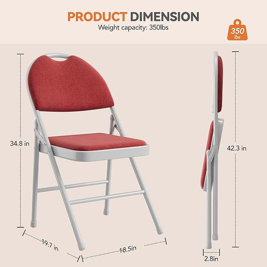GarveeHome 2 Pack Folding Chairs with Fabric Padded, Metal Foldable Chair Linen Cushion and Back for Indoor Outdoor, Commercial Stackable Guest Chairs for Camping, Dining Room, Office, Wedding, Red