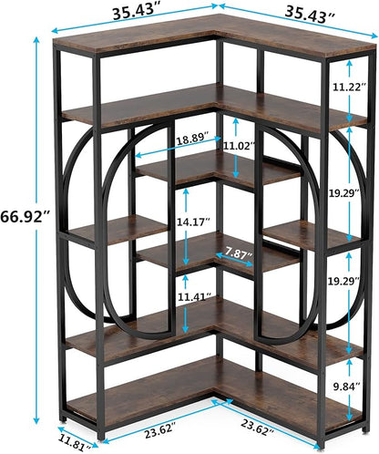 LITTLE TREE Large Corner Bookshelf Industrial Bookcase for Living Room Home Office,Brown