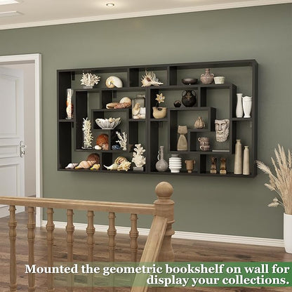 Armocity 5 Tier Display Book Shelf Wall Mounted Bookshelf Freestanding Geometric Bookcase Floating Book Shelves for Wall Bedroom Living Room Home Office, 45.5"(W) * 47"(H), Black