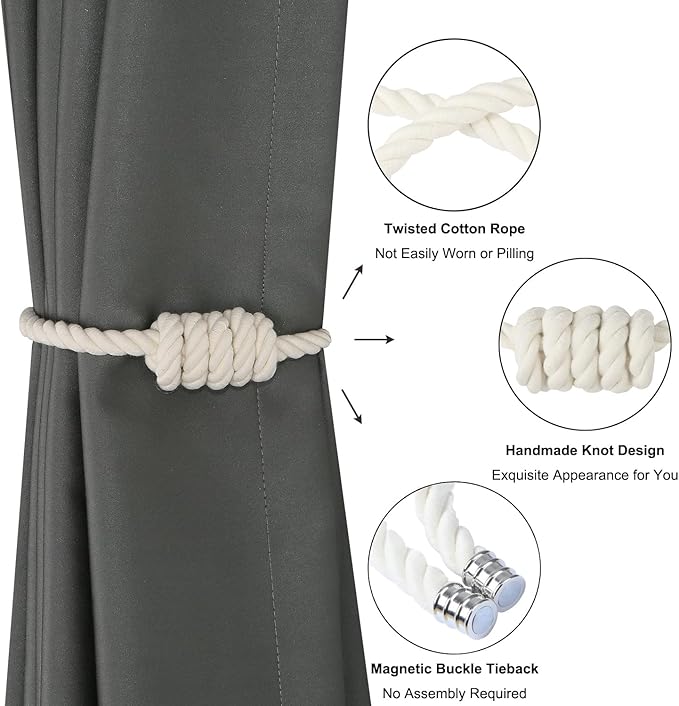 BEL AVENIR Magnetic Cotton Curtain Tiebacks, Decorative Drapery Holdbacks Modern Woven Tie-Backs with Exquisite Knot (Cotton, 2 Pack)