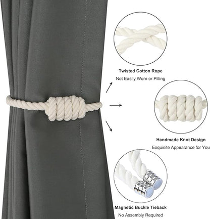 BEL AVENIR Magnetic Cotton Curtain Tiebacks, Decorative Drapery Holdbacks Modern Woven Tie-Backs with Exquisite Knot (Cotton, 2 Pack)