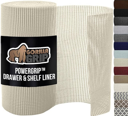 GORILLA GRIP powerGRIP Drawer Shelf and Cabinet Liner, Thick Strong Hold, Non-Adhesive Liners Protect Kitchen Cabinets and Cupboard, Bathroom Drawers, Easy Install, Breathable Mat, 12" x20', Cream