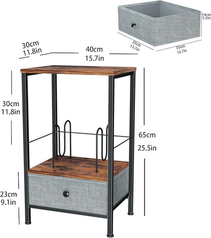 Record Player Stand with Vinyl Storage, 2-Tier Record Shelf Table with Fabric Drawer, Holds Up to 60 Vinyl Records, Record Player Table for Turntable and Albums, 15.75"D × 11.81" W× 25.59"H