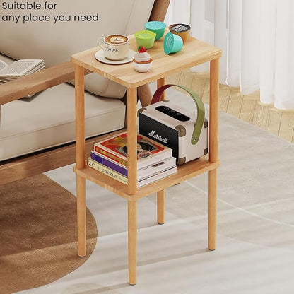 Solid Wood Side Table, 2-Tier Small End Table with Storage Shelf, Tall Nightstand Bedside Table for Bedroom, Living Room, Kids Room & Small Spaces. No-Tool Assembly.