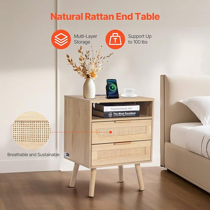 VEVOR Rattan Nightstand, Boho Bedside Table with Open Shelf 2 Drawers, End Table Nightstand with Solid Wood Legs, Rattan Bedside Table with Charging Station, for Bedroom