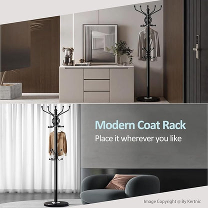 Kertnic Freestanding Coat Rack with 18 Hooks & Marble Base - Heavy Duty Metal Hall Tree Stand for Entryway, Hats, Coats, Bags Rack- Modern Hanger Organizer for Home, Office, Dorm (18 hooks -Black)