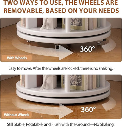 Solid Wood Rotating Bookshelf on Wheels, 5 Tier, Round Revolving Bookcase, 360° Spinning Book Shelf Tower for Kids, Narrow Rolling Bookshelves for Small Space, Corner, Bedroom, Office, White