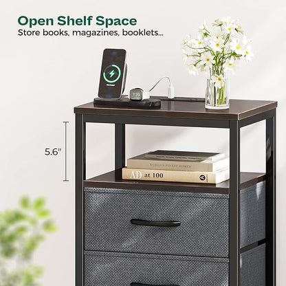 Huuger Night Stand with Charging Station, 4 Drawer Dresser for Bedroom, Bedside Table, 33.9 Inch Tall Nightstand with Open Shelf, End Table, for Closet, Entryway, Bedroom, Walnut