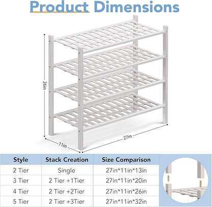 Haddockway 4 Tier Bamboo Shoe Rack Storage Organizer, Multifunctional Free Standing Stackable Shoe Shelf with Grid Panel for Closet,Hallway,Entryway,Small Space 27"x11"x26" (White, 4 Tier)