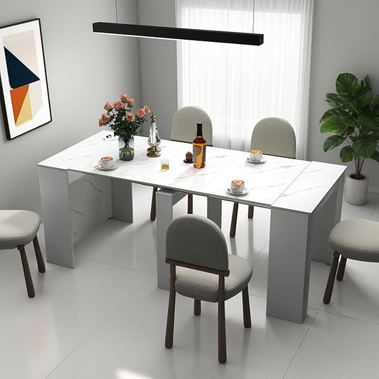 Expandable Dining Table, Convertible Table for Dining Room, Kitchen and Small Spaces, for 2-10 People, White Marble