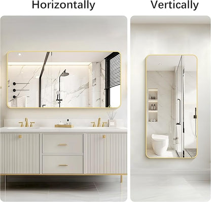 30"x60" Gold Bathroom Mirror, Large Rectangle Mirror, Rectangular Wall Mirror, Rounded Corner Vanity Mirror with Aluminum Metal Frame for Bathroom Bedroom Living Room