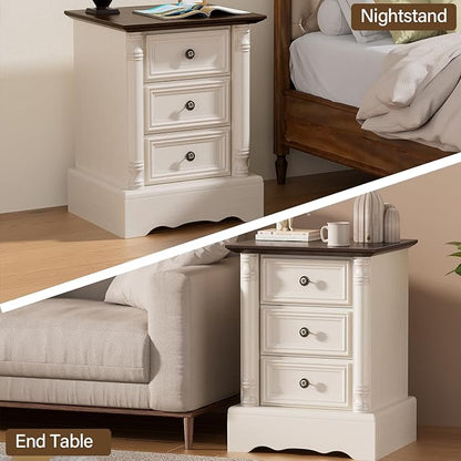 Nightstand with 3 Drawers, Rustic Night Stand 18' Wide Side Table with Storage, Mid-Century Modern Couch End Table with Vintage Handles, Small Dresser for Bedroom, Living Room, Antique White