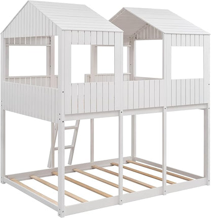 Ball & Cast Full Over Full Size Playhouse Bunk Bed with Roof and Window,Wood Bunkbed w/Full-Length Guard Rail & Ladder,Slat Support,Space Saving,Bedroom Furniture for Student Dorms,White