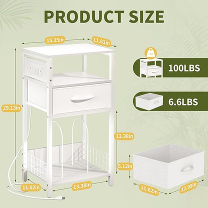 Yoobure Side Table - Night Stand with Charger Station & LED Light, 3 Tier Small End Table Living Room, Bedside Table with Drawer, Record Player Stand with Vinyl Storage, White Nightstand for Bedroom
