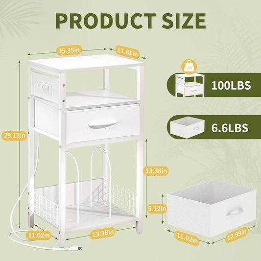 Yoobure Side Table - Night Stand with Charger Station & LED Light, 3 Tier Small End Table Living Room, Bedside Table with Drawer, Record Player Stand with Vinyl Storage, White Nightstand for Bedroom