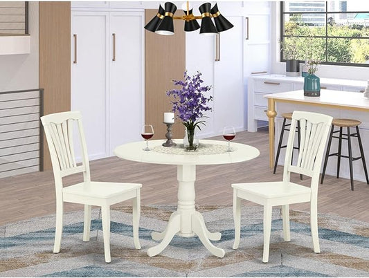 East West Furniture DLAV3-LWH-W 3 Piece Dining Table Set for Small Spaces Contains a Round Dining Room Table with Dropleaf and 2 Wood Seat Chairs, 42x42 Inch, Linen White