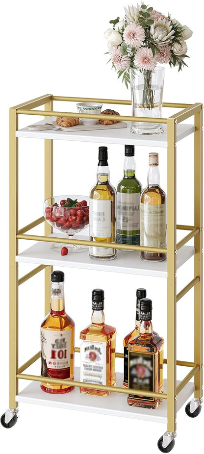 Bar Cart for The Home, 3-Tier Drink Cart on Wheels, Home Bar Serving Cart, Mini Bar Cart for Small Space, Rolling Kichen Carts for Bar, Kitchen, Dining Room, Gold RCJW4001