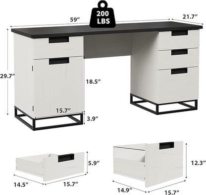 Garvee 59" Farmhouse Executive Desk, Home Office Desk with File Drawer and Storage Cabinet, Wooden Computer Table with 3 Drawers for Work and Study (Black)