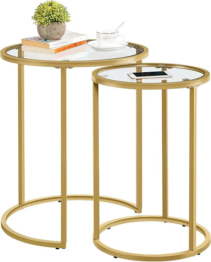 Yaheetech Round Nesting Side Table Stacking Coffee Table, Set of 2 Circular End Tables w/Metal Frame & Tempered Glass Top & Protective Foot Pads for Small Space Living Room Office, Mustard Gold