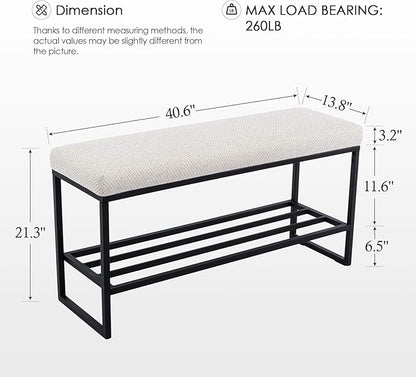 Zesthouse Upholstered Shoe Bench Entryway with Storage, Comfy Line Fabric Bench for Bedroom End of Bed, Metal Shoe Rack for Closet Hallway Doorway Living Room Mudroom, Beige