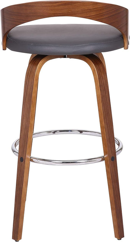 Armen Living Sonia 30" Bar Height Swivel Gray Faux Leather and Walnut Wood Bar Stool