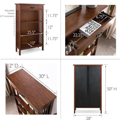 Leick Home 82262 Mission Mantel Height Bookcase with Slatted Sides and Top Drawer, Made with Solid Wood, for Living Rooms, Mission Oak Finish, Brownbronze