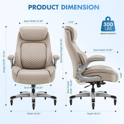 COLAMY Office Ergonomic Desk High Back Executive Chair with Pop-Out Lumbar Support, Upgraded Casters, Adjustable Headrest, Flip-Up Arms, Leather Home with Thick Cushion for Comfort - Khaki