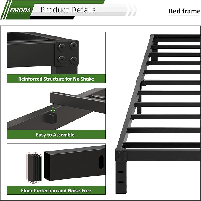 EMODA 10 Inch Twin XL Bed Frames No Box Spring Needed, Heavy Duty XL Twin Metal Platform Bed Frame, Noise Free, Easy Assembly, Black