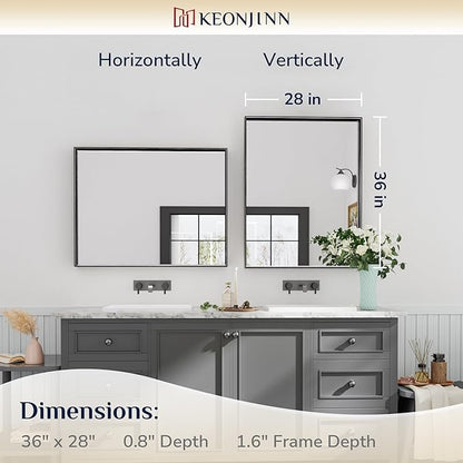 Keonjinn Black Bathroom Vanity Mirror 28 x 36 Inch Rectangle Wall Mirror Metal Framed Farmhouse Mirror Brushed Square Corner Bathroom Mirror for Over Sink, Modern Black Mirror(Horizontal/Vertical)