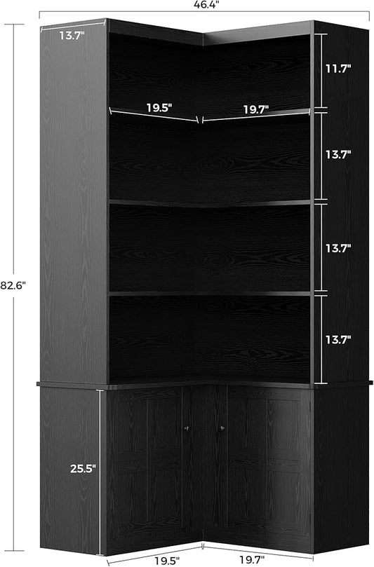 IRONCK Corner Bookshelf with Doors, 6 Tier Bookcase with Storage, Corner Shelf with Cabinet, Large Tall Bookshelf for Living Room, Home Office, Bedroom,Black