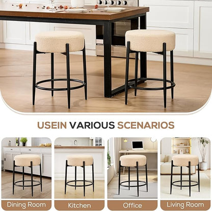 Dining Room Chairs Set of 8, 23.6" Sherpa Backless Beige Boucle Dining Chair, Mid Century Modern Living Room Round Upholstered Chairs with Black Metal Legs
