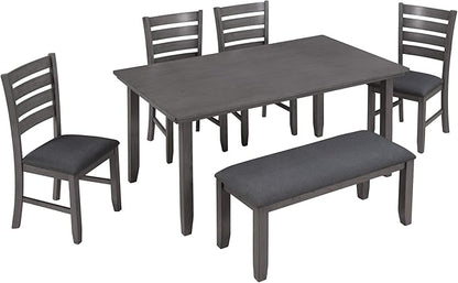 SogesPower 6-Piece Rustic Dining Table Set for 4-6,Rectangular Farmhouse Kitchen Table Set with 4 Chairs & 1 Bench for Dining Room Living Room,Gray