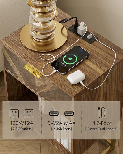 Nightstand with Charging Station, Boho Night Stand Wood Farmhouse Bedside Table with Storage, End Side Accent Table Walnut