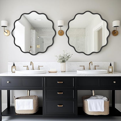 PROHOMEWARE Black Round Mirror 28 Inch Wavy Bathroom Vanity Mirror Gold Frame Modern Wall Mirror Decorative Wall-Mounte Anti-Rust, Tempered Glass